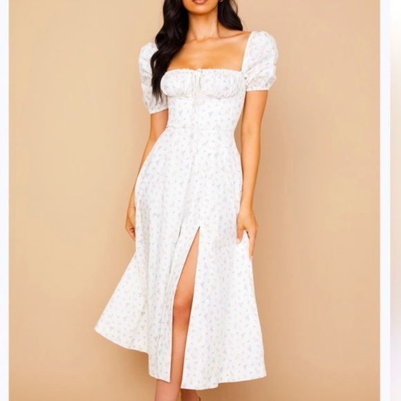 knee length dresses for ladies TALLULAH WHITE PUFF SLEEVE MIDI DRESS main image 1